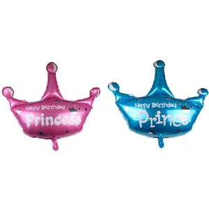Détail des ballons en aluminium couronne rose princesse et bleu prince pour fête