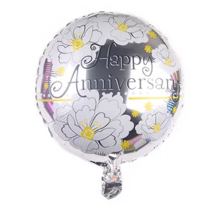 Silver 18-inch Happy Anniversary foil balloon with floral peony patterns for parties