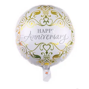 18-inch round Happy Anniversary foil balloon with elegant gold vine and heart patterns