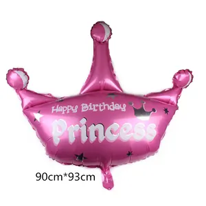 Grand ballon couronne rose 90x93cm avec Happy Birthday Princess et motifs d'étoiles
