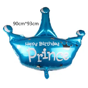 Détail d'un ballon couronne bleu avec texte Happy Birthday Prince et dimensions 90cm