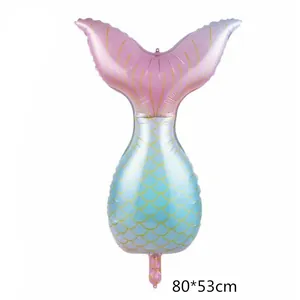 Mermaid tail foil balloon with pink-purple gradient and golden scales for ocean theme party