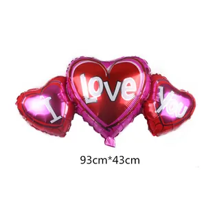 Triple heart foil balloon with I Love You print for wedding party decor, 93x43cm size