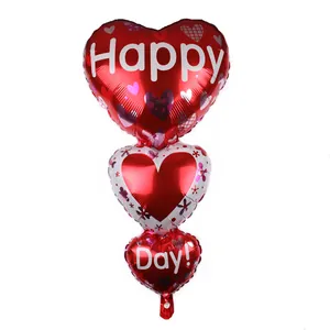 Three-heart foil balloon stack with Happy Day print for romantic wedding party decoration