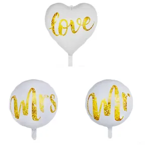 Round Heart White Gold Foil Balloons Mr Mrs Love Lettering For Wedding Anniversary Engagement Party Decorations