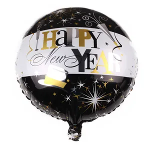 18 inch round Happy New Year foil balloon with black and white striped celebratory design