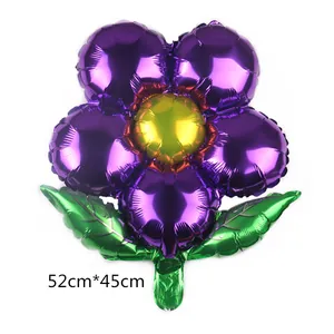 Detailed view of flower foil balloon in purple and green measuring 52cm by 45cm