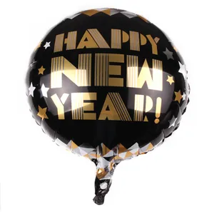 Round black 18-inch Happy New Year foil balloon with gold and silver stars for party decor