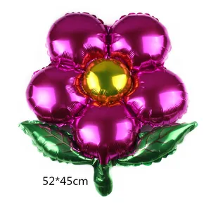 52x45cm flower foil balloon with rose pink petals, gold center and green leaves