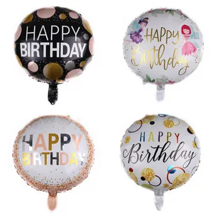 Detailed grid of four 18 inch round foil birthday balloons with varied festive designs