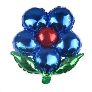 Blue and red flower foil balloon with green leaves for party decoration and festive events