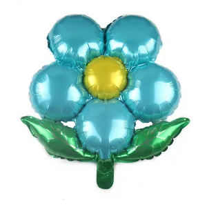 Colorful sunflower foil balloon with blue petals and green leaves for party decoration