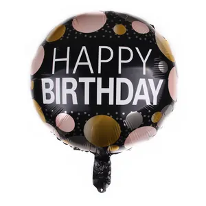 18-inch round black foil birthday balloon with colorful polka dots and happy birthday text
