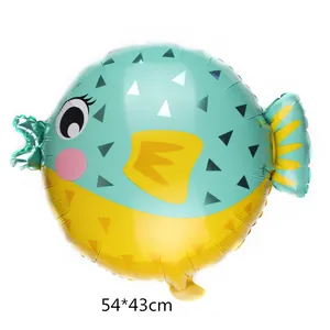Detailed puffer fish foil balloon in teal and yellow with 54x43cm size dimensions