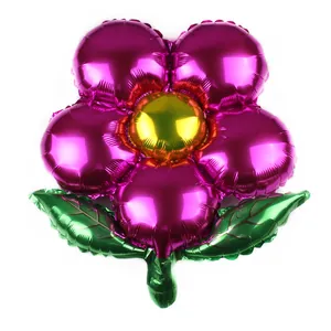 Flower shaped aluminum foil balloon with purple petals and green leaves for party decoration