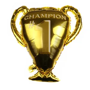 Golden trophy foil balloon with Champion and number one text for sports party decoration