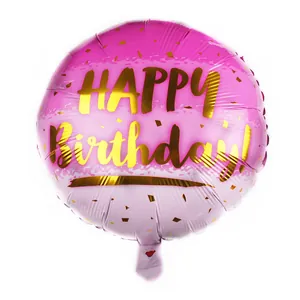 18-inch pink round foil balloon with gold Happy Birthday text and confetti pattern