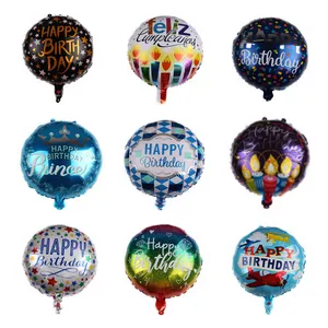 Close-up of nine 18-inch round foil balloons with diverse birthday prints and patterns