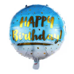 Round blue gradient Happy Birthday foil balloon with gold lettering for party decor