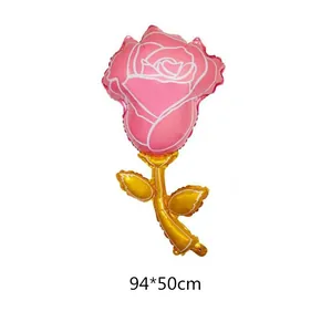 Palloncino a forma di rosa rosa con stelo dorato 94x50cm per decorazioni