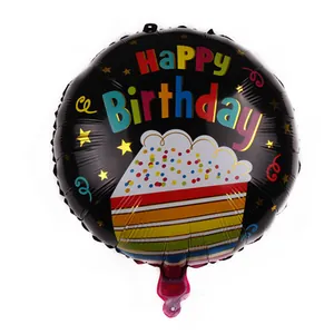 Detail of 18-inch round Happy Birthday foil balloon with colorful cupcake illustration