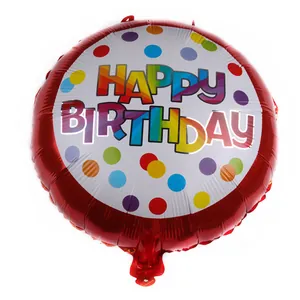 Detailed view of 18 inch round Happy Birthday foil balloon with colorful dots