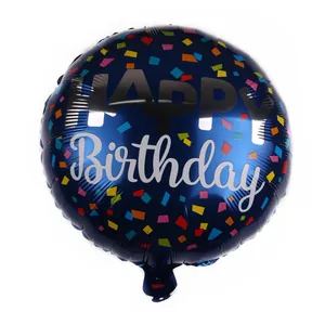 Detail of 18-inch dark blue foil balloon with colorful confetti and Happy Birthday text