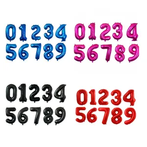 Detail of 32-inch foil number balloons in metallic blue, magenta, black, and red colors