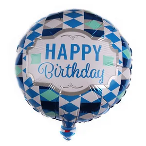 Detail of 18 inch round Happy Birthday foil balloon with blue geometric patterns