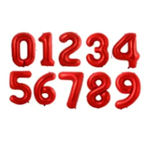 Detailed set of 0-9 red foil number balloons with metallic finish for party decor