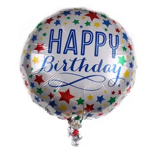 Detail of 18 inch silver foil balloon with blue Happy Birthday text and stars