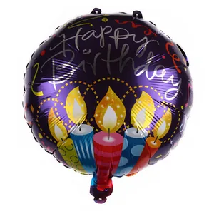 Close-up of 18-inch purple foil balloon with Happy Birthday text and colorful candles