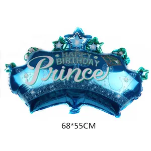 Blue crown foil balloon with Prince Happy Birthday print for party decoration