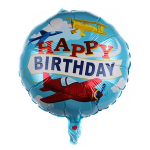 Detailed view of an 18-inch blue foil balloon with cartoon planes and Happy Birthday text