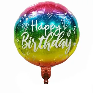 18 inch round rainbow gradient foil balloon with white Happy Birthday lettering