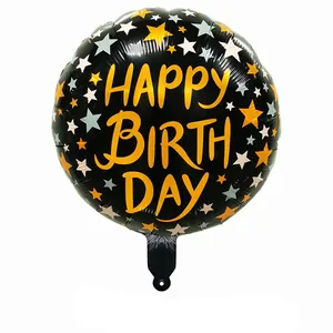 18-inch round Happy Birthday foil balloon with black background and gold stars