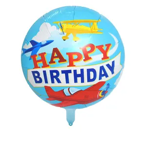 18-inch round Happy Birthday foil balloon with cartoon airplanes and clouds