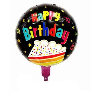 Round 18-inch black aluminum foil balloon with Happy Birthday lettering and cupcake design