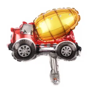 Cartoon cement mixer truck foil balloon with vibrant red and yellow metallic finish