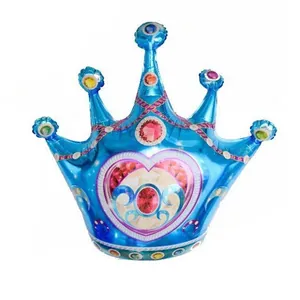 Blue crown foil balloon with pink heart and colorful gemstone patterns for party decor
