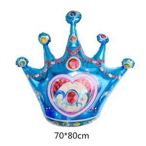 Detail view of 70x80cm blue crown foil balloon with colorful gems and pink heart design