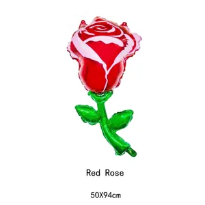 Red rose shaped foil balloon with green leaves for wedding party decor 50x94cm