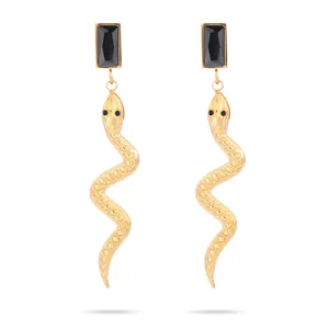 Retro Schlangen-Ohrhänger in Gold mit schwarzen Zirkonia-Steinen aus Titanstahl