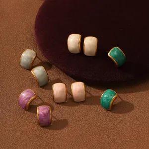Orecchini a Bottone in Acciaio Inossidabile Smalto Marmorizzato Vintage Francese per Donna Placcati Oro Forma a C Gioielli