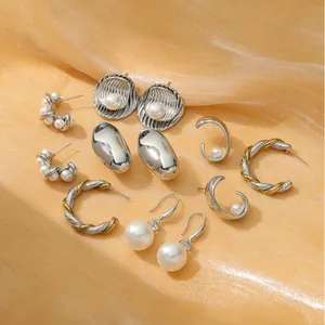 Luxurious pearl and titanium steel earring set with six assorted elegant designs