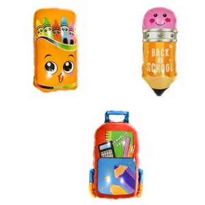 Close-up of school themed foil balloons featuring crayon box pencil and backpack design