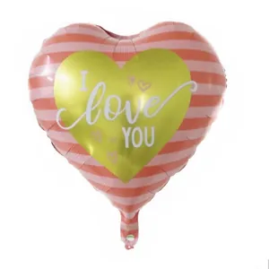 Pink striped heart foil balloon with gold heart and white I Love You artistic text
