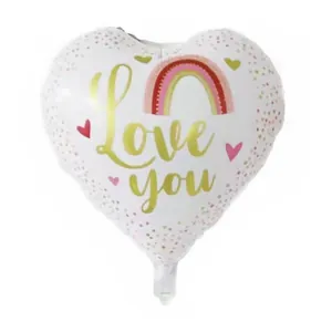 Detail of heart-shaped foil balloon with Love You text and rainbow design for parties