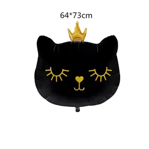 Globo de gato negro de papel de aluminio con corona dorada para fiesta, 64x73cm