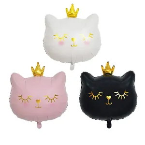 Globo de Papel de Aluminio de Cabeza de Gato Con Corona Dorada Rosa Negro Blanco Globo de Mylar para Decoración de Cumpleaños